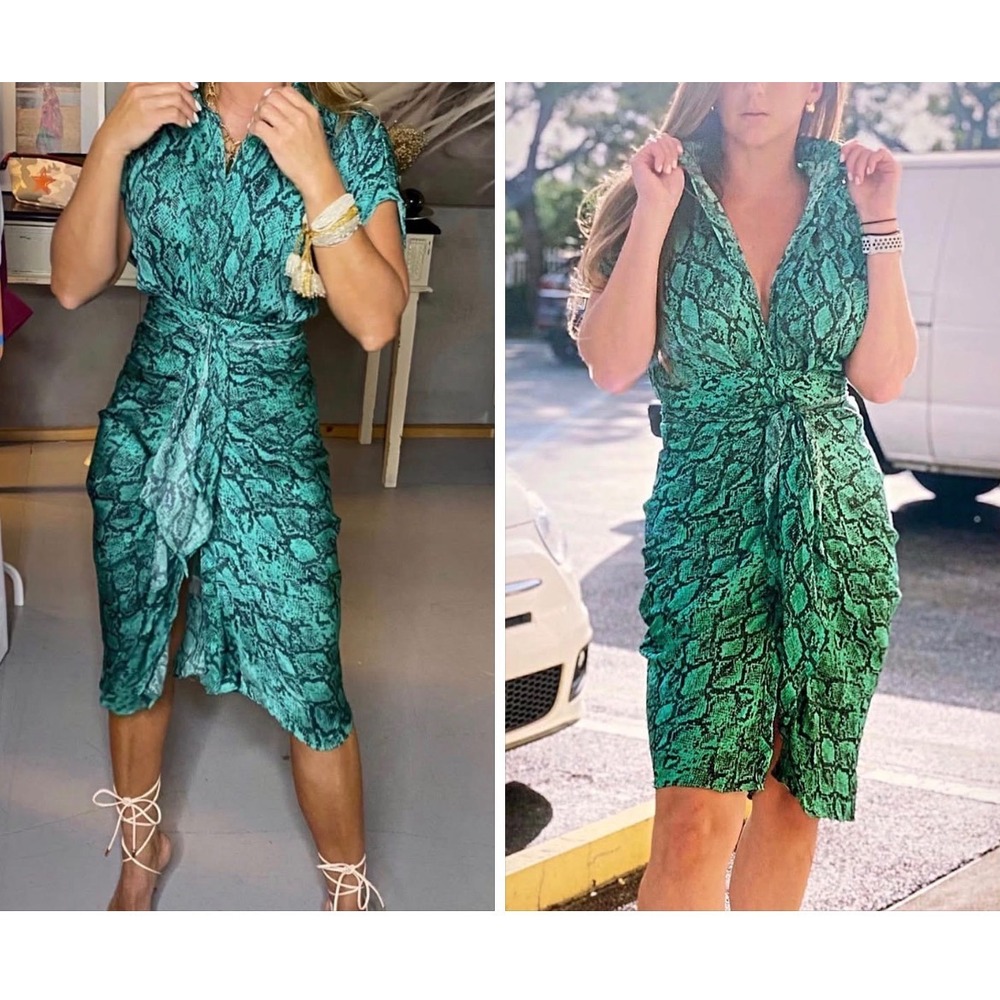DO+BE Emerald Venom Tie-Waist Midi Dress Women's Small Snake Print Cap Sleeve - Picture 3 of 12